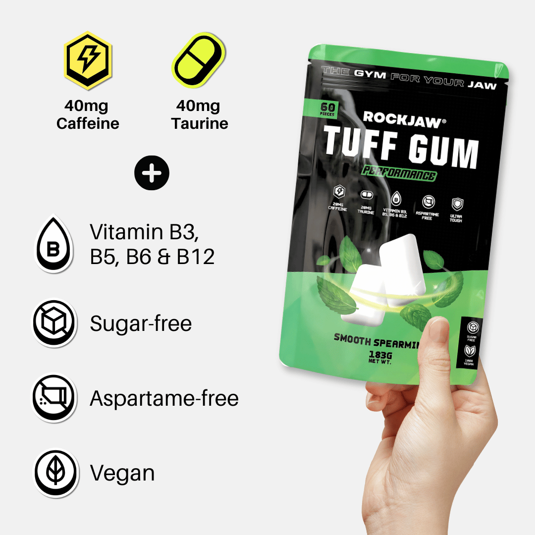 Chicle ROCKJAW® Hard Jawline - Tuff Gum 2.0 con 20 mg de cafeína, taurina + vitaminas B