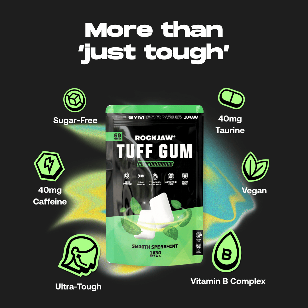 Chicle ROCKJAW® Hard Jawline - Tuff Gum 2.0 con 20 mg de cafeína, taurina + vitaminas B