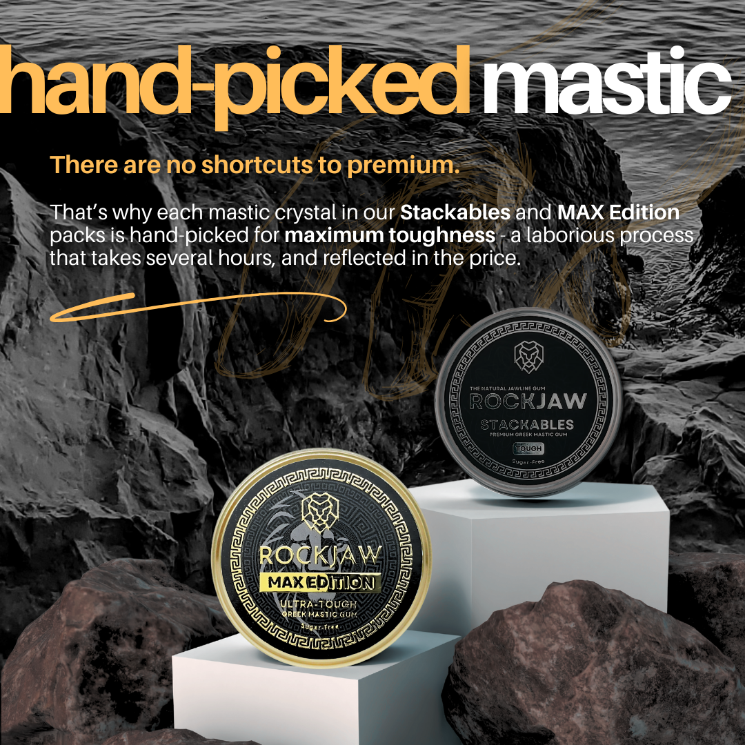 ROCKJAW® Premium Greek Mastic Jawline Gum - Edición MAX - Reutilizable hasta 3 veces